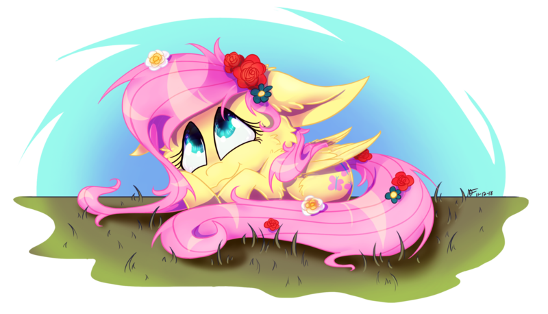 Size: 1600x915 | Tagged: safe, artist:maliforger894, derpibooru import, fluttershy, pegasus, pony, cheek fluff, cute, female, floppy ears, flower, flower in hair, flower in tail, folded wings, grass, looking up, mare, outdoors, prone, shyabetes, simple background, smiling, solo, transparent background, wings