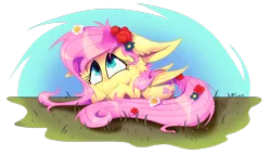 Size: 1600x915 | Tagged: safe, artist:maliforger894, derpibooru import, fluttershy, pegasus, pony, cheek fluff, cute, female, floppy ears, flower, flower in hair, flower in tail, folded wings, grass, looking up, mare, outdoors, prone, shyabetes, simple background, smiling, solo, transparent background, wings
