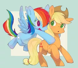 Size: 798x693 | Tagged: safe, artist:sa-eku, derpibooru import, applejack, rainbow dash, earth pony, pegasus, pony, abstract background, appledash, clothes, cowboy hat, female, freckles, hat, lesbian, mare, one eye closed, open mouth, shipping, wink