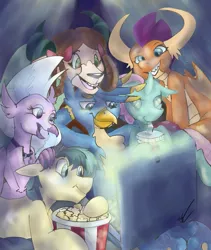 Size: 809x960 | Tagged: safe, artist:ccbeth98, derpibooru import, gallus, ocellus, sandbar, silverstream, smolder, yona, changedling, changeling, dragon, gryphon, hippogriff, pony, yak, computer, food, laptop computer, movie night, popcorn, student six