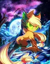 Size: 2700x3500 | Tagged: applejack, artist:kaleido-art, derpibooru import, female, glowing eyes, looking at you, moon, night, original species, safe, solo, species swap, timberjack, timber pony, timber wolf, timber wolfified, tree