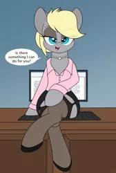 Size: 1400x2085 | Tagged: artist:sweetfilthyfun, bedroom eyes, blouse, clothes, computer, crossed legs, derpibooru import, desk, dialogue, eyeshadow, female, garters, jewelry, keyboard, looking at you, makeup, monitor, necklace, oc, oc:icepick, pantyhose, pearl necklace, shoes, skirt, socks, solo, stockings, suggestive, thigh highs, unofficial characters only