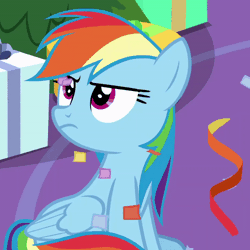 Size: 500x500 | Tagged: safe, derpibooru import, screencap, rainbow dash, pegasus, pony, best gift ever, angry, animated, annoyed, blowing, christmas, christmas tree, confetti, cross-eyed, cute, cuteness overload, dashabetes, dashfetti, female, frown, gif, glare, holiday, looking up, madorable, mare, open mouth, present, sitting, solo, tree, twilight's castle