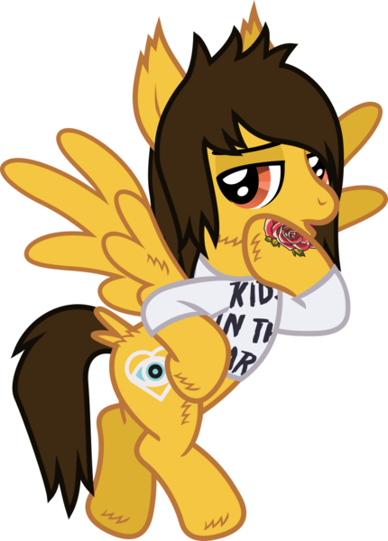 Size: 949x1326 | Tagged: safe, artist:lightningbolt, derpibooru import, ponified, pegasus, pony, .svg available, alex gaskarth, all time low, butt fluff, cheek fluff, clothes, ear fluff, flying, hoof fluff, hoof on hip, lidded eyes, looking at you, male, open mouth, shirt, simple background, solo, spread wings, stallion, svg, tail feathers, tattoo, transparent background, vector, wing fluff, wings