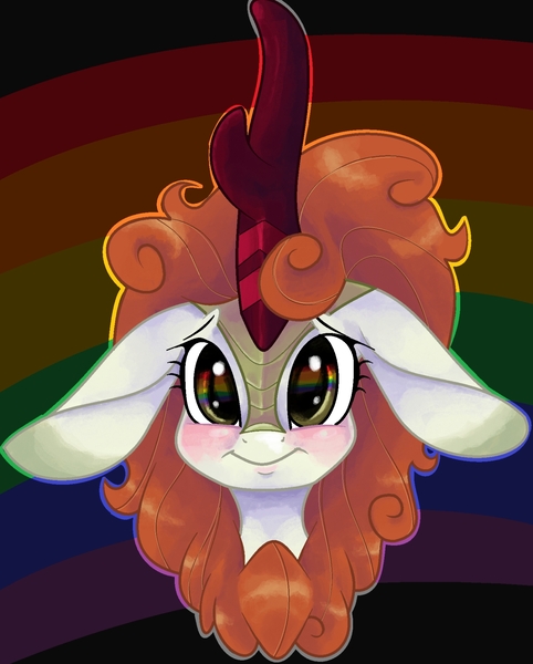 Size: 1453x1808 | Tagged: artist:smirk, autumn blaze, awwtumn blaze, blushing, bust, cute, derpibooru import, floppy ears, kirin, large ears, legitimately amazing mspaint, long ears, looking at you, ms paint, portrait, rainbow, safe, smiling, solo, sounds of silence, source needed