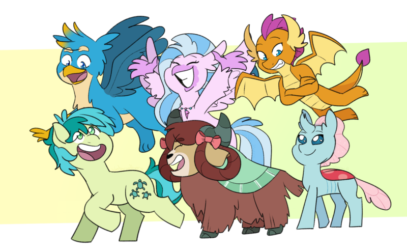 Size: 1139x702 | Tagged: safe, artist:winterwithers, derpibooru import, gallus, ocellus, sandbar, silverstream, smolder, yona, changedling, changeling, classical hippogriff, dragon, earth pony, gryphon, hippogriff, pony, yak, bow, cloven hooves, colored hooves, cute, cutie mark, diaocelles, diastreamies, dragoness, female, flying, gallabetes, hair bow, happy, jewelry, male, monkey swings, necklace, sandabetes, smiling, smolderbetes, student six, teenager, wings, yonadorable