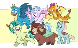 Size: 1139x702 | Tagged: safe, artist:winterwithers, derpibooru import, gallus, ocellus, sandbar, silverstream, smolder, yona, changedling, changeling, classical hippogriff, dragon, earth pony, gryphon, hippogriff, pony, yak, bow, cloven hooves, colored hooves, cute, cutie mark, diaocelles, diastreamies, dragoness, female, flying, gallabetes, hair bow, happy, jewelry, male, monkey swings, necklace, sandabetes, smiling, smolderbetes, student six, teenager, wings, yonadorable