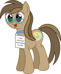 Size: 3165x3825 | Tagged: safe, alternate version, artist:joey, derpibooru import, oc, oc:dawnsong, unofficial characters only, earth pony, pony, collar, cute, female, glasses, happy, implied hoof holding, lewd, mare, open mouth, pony shaming, show accurate, sign, simple background, smiling, solo, transparent background