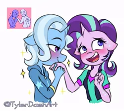 Size: 775x696 | Tagged: safe, artist:tylerdashart, derpibooru import, starlight glimmer, trixie, anthro, unicorn, blushing, clothes, equestria girls outfit, female, jacket, kissing, lesbian, open mouth, shipping, shirt, simple background, startrix, sweat, white background