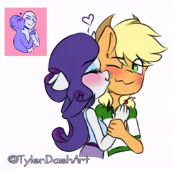 Size: 710x707 | Tagged: safe, artist:tylerdashart, derpibooru import, applejack, rarity, anthro, earth pony, unicorn, :3, blushing, clothes, cute, equestria girls outfit, eyes closed, female, freckles, hat, heart, jackabetes, kiss on the cheek, kissing, lesbian, love, raribetes, rarijack, shipping, shirt, simple background, smiling, white background