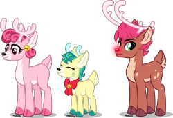 Size: 5000x3423 | Tagged: alice the reindeer, alternate design, artist:orin331, best gift ever, bori the reindeer, bow, cloven hooves, colored hooves, deer, derpibooru import, doe, ear piercing, earring, eyes closed, female, glowing nose, jewelry, male, piercing, redesign, reindeer, rudolph the red nosed reindeer, safe, simple background, smiling, stag, transparent background, trio