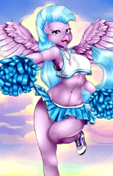 Size: 1574x2440 | Tagged: anthro, armpits, artist:horny-pony, belly button, breasts, cheerleader, cheerleader outfit, cheerleader silverstream, clothes, commission, derpibooru import, female, hippogriff, looking at you, midriff, open mouth, plantigrade anthro, shoes, shorts, silly, silverstream, sneakers, solo, solo female, sports bra, spread wings, stupid sexy silverstream, suggestive, underboob, wings, ych result