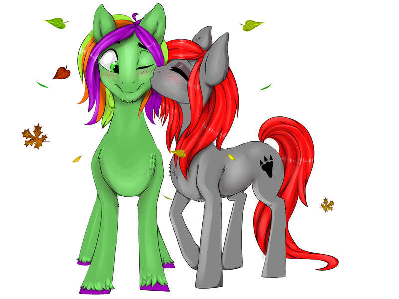 Size: 4000x3000 | Tagged: safe, artist:athenawhite, derpibooru import, oc, unofficial characters only, earth pony, pony, blushing, chest fluff, eyes closed, eyeshadow, female, kiss on the cheek, kissing, makeup, male, mare, mascara, multicolored hair, multicolored mane, multicolored tail, oc x oc, one eye closed, red hair, red mane, red tail, shipping, simple background, stallion, straight, white background