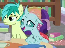 Size: 861x632 | Tagged: safe, derpibooru import, screencap, ocellus, sandbar, changedling, changeling, earth pony, pony, what lies beneath, book, bookshelf, cropped, cute, diaocelles, male, smiling, teenager