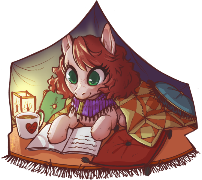 Size: 2764x2463 | Tagged: safe, artist:taytinabelle, derpibooru import, oc, oc:harmony hugs, unofficial characters only, earth pony, pony, book, clothes, coffee, comfy, cute, female, freckles, green eyes, mare, mouth hold, mouth writing, pillow, pillow fort, red hair, scarf, secret santa, writing
