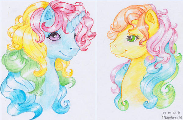 Size: 600x392 | Tagged: artist:silvermoonbreeze, derpibooru import, duo, g1, moonstone, rainbow ponies, safe, simple background, traditional art, trickles