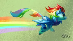 Size: 2560x1465 | Tagged: safe, artist:holivi, derpibooru import, rainbow dash, kirin, winged kirin, sounds of silence, female, green background, kirin rainbow dash, kirinified, race swap, rainbow trail, simple background, solo, species swap, speed trail, wings