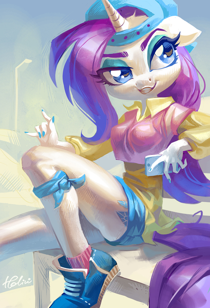 Size: 2066x3032 | Tagged: alternate hairstyle, anthro, artist:holivi, backwards ballcap, bandana, baseball cap, bench, breasts, cap, clothes, cutie mark, derpibooru import, disguise, eyeshadow, female, floppy ears, friendship university, hat, legs, makeup, mobile phone, nail polish, phone, plainity, plantigrade anthro, rarity, safe, shoes, shorts, sneakers, socks, solo, streetlight