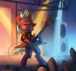 Size: 1148x1080 | Tagged: safe, artist:jedayskayvoker, derpibooru import, oc, unofficial characters only, pony, unicorn, audience, bipedal, clothes, concert, electric guitar, eyes closed, female, guitar, musical instrument, punk, solo, stage