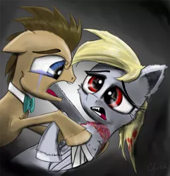 Size: 2000x2075 | Tagged: semi-grimdark, artist:chopsticks, derpibooru import, derpy hooves, doctor whooves, time turner, earth pony, pegasus, pony, undead, zombie, zombie pony, fanfic:the cure, alternate eye color, bandage, blood, cheek fluff, crying, doctorderpy, ear fluff, fanfic art, female, hoof fluff, male, open mouth, sad, shipping, straight, wing fluff