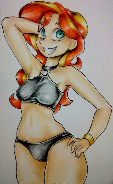 Size: 3130x5103 | Tagged: suggestive, artist:nolyanimeid, derpibooru import, sunset shimmer, equestria girls, armpits, breasts, clothes, female, simple background, solo, solo female, swimsuit, traditional art, white background, wide hips