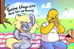 Size: 1280x853 | Tagged: artist:extradan, ask, ask jerky hooves, basket, comic, derpibooru import, derpy hooves, homer simpson, oc, oc:jerky hooves, picnic, picnic basket, picnic blanket, reversalmushroom, safe, tumblr, tumblr blog, tumblr comic, webcomic