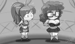 Size: 1764x1029 | Tagged: apple bloom, artist:shonuff44, big breasts, blushing, breast envy, breasts, busty twist, chibi, clothes, commission, derpibooru import, glasses, grayscale, human, humanized, midriff, miniskirt, monochrome, older, older apple bloom, older twist, pleated skirt, shortstack, skirt, suggestive, twist