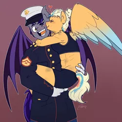 Size: 895x893 | Tagged: safe, artist:nolycs, derpibooru import, oc, oc:biohazard skies, oc:cloud burst, anthro, bat pony, pegasus, blushing, bruised, clothes, dress blues, female, hug, kissing, kiss on the cheek, leg wrapping, male, marine, mma, oc x oc, parent:applejack, parent:grey mouse, parent:rainbow blitz, parents:appleblitz (straight), shipping, sports bra, straight