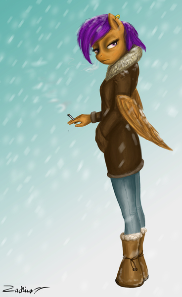 Size: 4402x7176 | Tagged: absurd resolution, anthro, artist:zackira, boots, cigarette, clothes, coat, derpibooru import, ear piercing, earring, jewelry, older, piercing, safe, scootaloo, shoes, smoking, solo