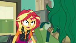 Size: 1920x1080 | Tagged: safe, derpibooru import, screencap, sunset shimmer, wallflower blush, equestria girls, equestria girls series, forgotten friendship, classroom, clothes, furious, jacket