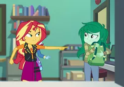 Size: 1433x1012 | Tagged: safe, derpibooru import, screencap, sunset shimmer, trixie, wallflower blush, equestria girls, equestria girls series, forgotten friendship, bag, book, classroom, clothes, cropped, door, geode of empathy, jacket, magical geodes, pants