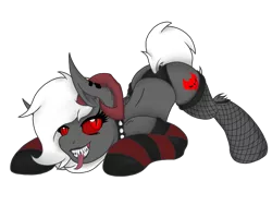 Size: 3264x2448 | Tagged: artist:circethedemonnsfw, clothes, collar, demon, demon pony, derpibooru import, ear piercing, fishnets, oc, oc:circe shadow, original species, panties, piercing, simple background, slit pupils, socks, solo, spiked collar, striped socks, suggestive, transparent background, underwear