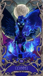 Size: 822x1425 | Tagged: safe, artist:sourcherry, derpibooru import, nightmare moon, pony, armor, blue fire, ethereal mane, fire, full moon, horn, hybrid wings, looking at you, major arcana, modern art, moon, nouveau, open mouth, slit eyes, solo, spread wings, starry mane, tarot, tarot card, wings