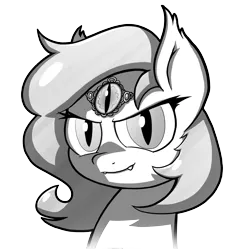 Size: 3000x3000 | Tagged: safe, artist:petirep, derpibooru import, oc, unofficial characters only, bat pony, pony, buck legacy, card art, fangs, female, grayscale, jewel, jewelry, looking at you, mare, monochrome, simple background, slit eyes, solo, transparent background