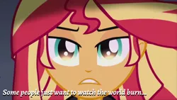 Size: 1920x1080 | Tagged: safe, derpibooru import, edit, edited screencap, editor:apex soundwave, screencap, sunset shimmer, human, equestria girls, my past is not today, caption, close-up, evil, female, image macro, implied death, solo, text, the dark knight