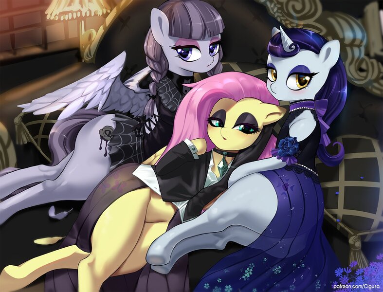 Size: 1500x1143 | Tagged: suggestive, artist:chigusa, derpibooru import, fluttershy, inky rose, moonlight raven, bat, pegasus, pony, unicorn, butt, clothes, collar, diamond, dress, explicit source, eyeshadow, feather, female, females only, flower, fluttergoth, goth, gothic lolita, looking at you, makeup, mare, mascara, plot, trio, trio female