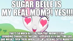 Size: 1280x720 | Tagged: safe, derpibooru import, cookie crumbles, sugar belle, sweetie belle, caption, excessive exclamation marks, heart eyes, image macro, meme, speculation, text, vulgar, wingding eyes