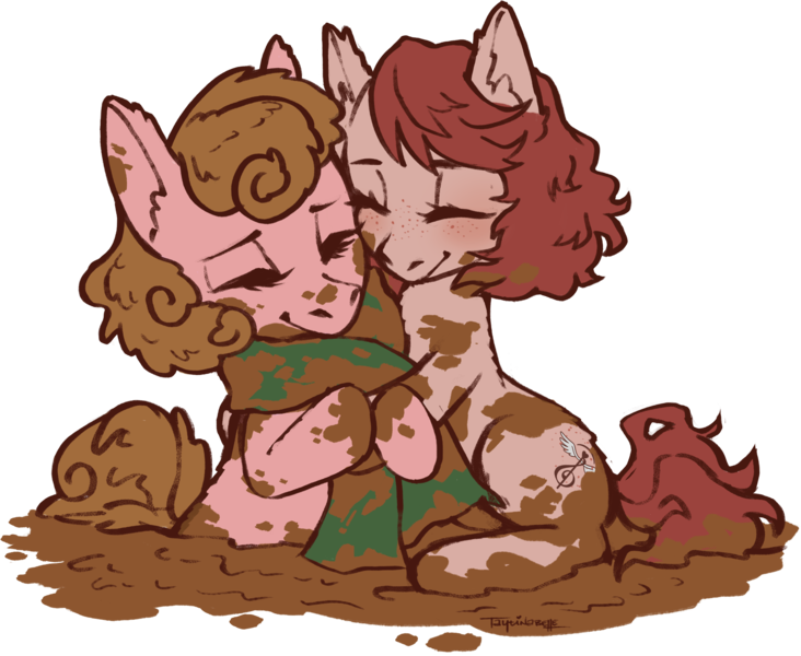 Size: 3009x2467 | Tagged: safe, artist:taytinabelle, derpibooru import, oc, oc:harmony hugs, oc:mud puddle, unofficial characters only, earth pony, pony, brown hair, clothes, comfy, cute, cutie mark, female, hug, mare, mud, red hair, scarf, secret santa, smiling, wet and messy