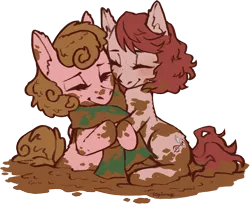 Size: 3009x2467 | Tagged: safe, artist:taytinabelle, derpibooru import, oc, oc:harmony hugs, oc:mud puddle, unofficial characters only, earth pony, pony, brown hair, clothes, comfy, cute, cutie mark, female, hug, mare, mud, red hair, scarf, secret santa, smiling, wet and messy