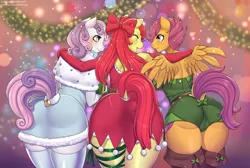 Size: 1920x1292 | Tagged: suggestive, artist:draltruist, derpibooru import, apple bloom, scootaloo, sweetie belle, anthro, earth pony, pegasus, ass, bloom butt, booty mark crusaders, breasts, butt, christmas, clothes, cutie mark, cutie mark crusaders, dock, female, holiday, mare, miniskirt, older, older apple bloom, older scootaloo, older sweetie belle, scootabutt, skirt, smiling, sweetie butt, the cmc's cutie marks, tight clothing