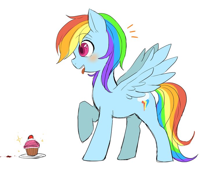 Size: 3382x2850 | Tagged: safe, artist:hosikawa, derpibooru import, rainbow dash, pegasus, pony, blushing, cupcake, female, food, mare, solo