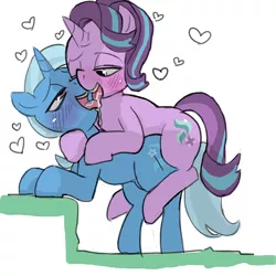 Size: 1000x1000 | Tagged: suggestive, artist:baigak, derpibooru import, starlight glimmer, trixie, pony, unicorn, blushing, cutie mark, drool, female, french kiss, heart, kissing, lesbian, lewd, mare, open mouth, shipping, startrix, tongue out, tongue play