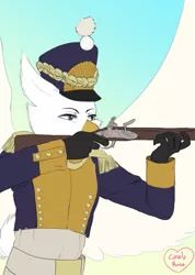 Size: 479x671 | Tagged: safe, artist:kitsunehino, derpibooru import, oc, oc:felix, unofficial characters only, avian, gryphon, clothes, flintlock, gloves, infantry, musket, musketeer, napoleonic wars, simple background, solo, uniform, weapon, wings