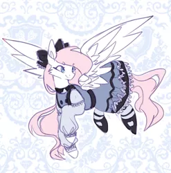 Size: 1012x1024 | Tagged: safe, artist:teapup, derpibooru import, oc, oc:teddy bear, pegasus, pony, aesthetic, blue, bow, classic lolita, clothes, cute, dress, fashion, flying, hair bow, heterochromia, lolita fashion, long mane, pink mane, solo