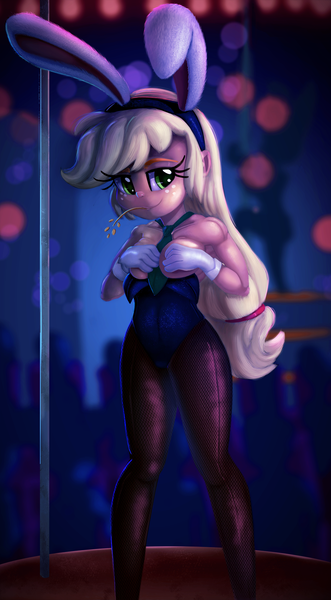 Size: 1102x2000 | Tagged: suggestive, artist:discorded, derpibooru import, applejack, equestria girls, breasts, bunny suit, clothes, covering, female, freckles, leotard, pantyhose, partial nudity, smiling, solo, solo female, straw in mouth, stripper pole, topless