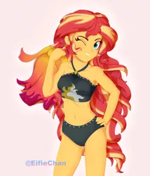 Size: 3000x3500 | Tagged: safe, artist:katakiuchi4u, derpibooru import, sunset shimmer, equestria girls, equestria girls series, forgotten friendship, adorasexy, armpits, belly button, bikini, bikini babe, black swimsuit, breasts, clothes, commission, cute, cutie mark swimsuit, female, freckles, jeweled swimsuit, looking at you, one eye closed, sarong, sexy, shimmerbetes, sleeveless, smiling, solo, stupid sexy sunset shimmer, summer sunset, sunset swimsuit, swimsuit, underass, undressed, wink