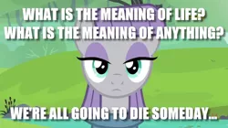 Size: 719x403 | Tagged: caption, derpibooru import, edit, edited screencap, image macro, maud pie, meme, nihilism, philosophy, safe, screencap, text, thinking