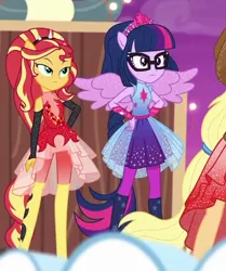 Size: 604x722 | Tagged: safe, derpibooru import, screencap, applejack, sci-twi, sunset shimmer, twilight sparkle, equestria girls, equestria girls series, rollercoaster of friendship, boots, clothes, cropped, dress, female, glasses, hand on hip, hands on hip, offscreen character, pantyhose, ponied up, pony ears, ponytail, scitwilicorn, shoes, skirt, sleeveless, super ponied up, wings