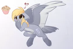 Size: 1067x717 | Tagged: safe, artist:little-sketches, derpibooru import, derpy hooves, pegasus, pony, abstract background, alternate design, cheek fluff, colored wings, cute, derpabetes, eye clipping through hair, female, floppy ears, flying, food, hair over one eye, heart, hoof over mouth, large wings, mare, muffin, open mouth, socks (coat marking), solo, tail feathers, wings