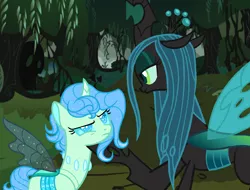 Size: 1632x1238 | Tagged: artist:nocturna76, changedling, changeling, derpibooru import, female, looking at each other, mother and child, mother and daughter, oc, oc:senna, parent:queen chrysalis, queen chrysalis, safe, tree